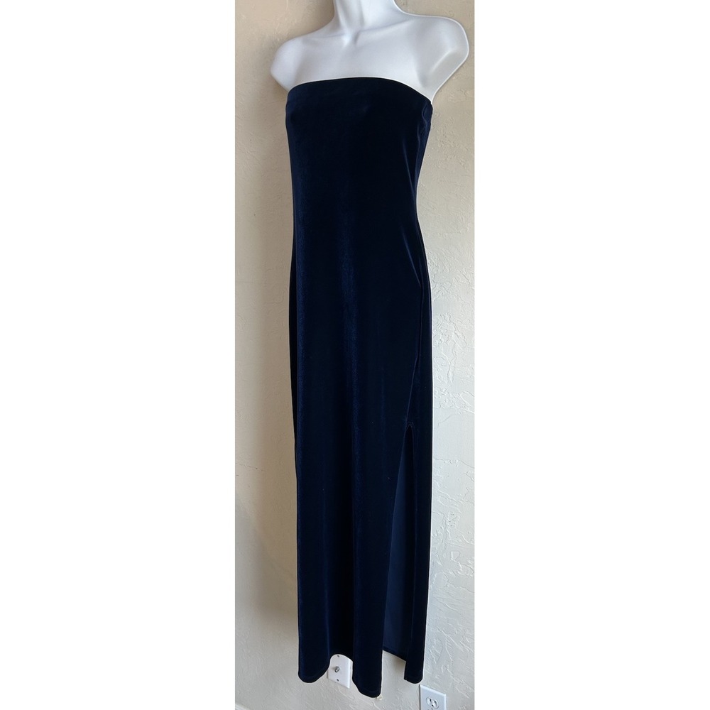 Vintage Y2K Charlotte Russe Blue Velvet Strapless Maxi Dress M Formal Slit Prom - Picture 3 of 7